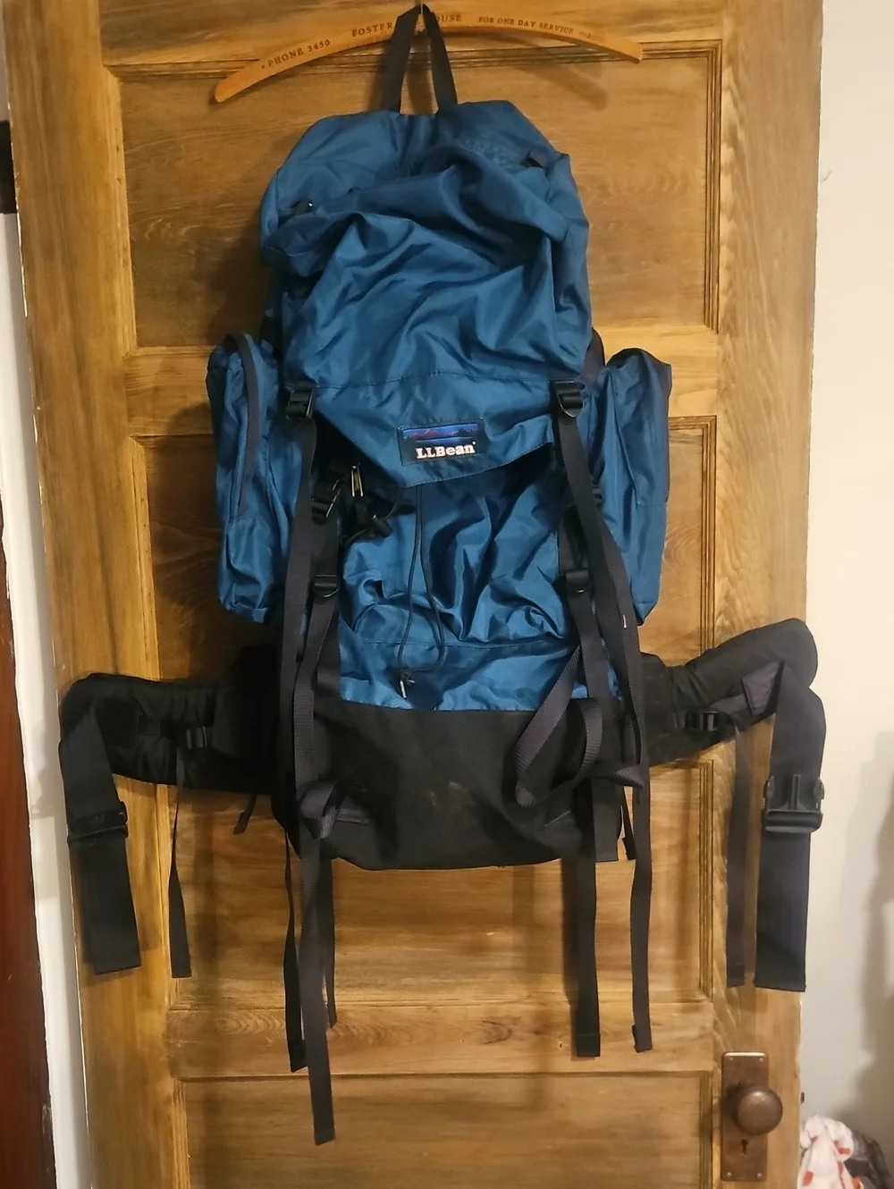 L.L. Bean Blue Men's Hiking Backpack with padded straps and waist